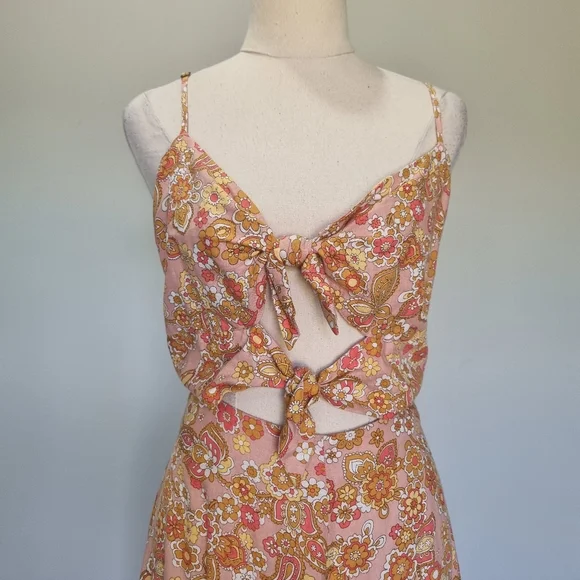 Ghanda Mia Multicolour Floral Linen Blend Tie Front Maxi Dress Size L - Picture 6 of 9